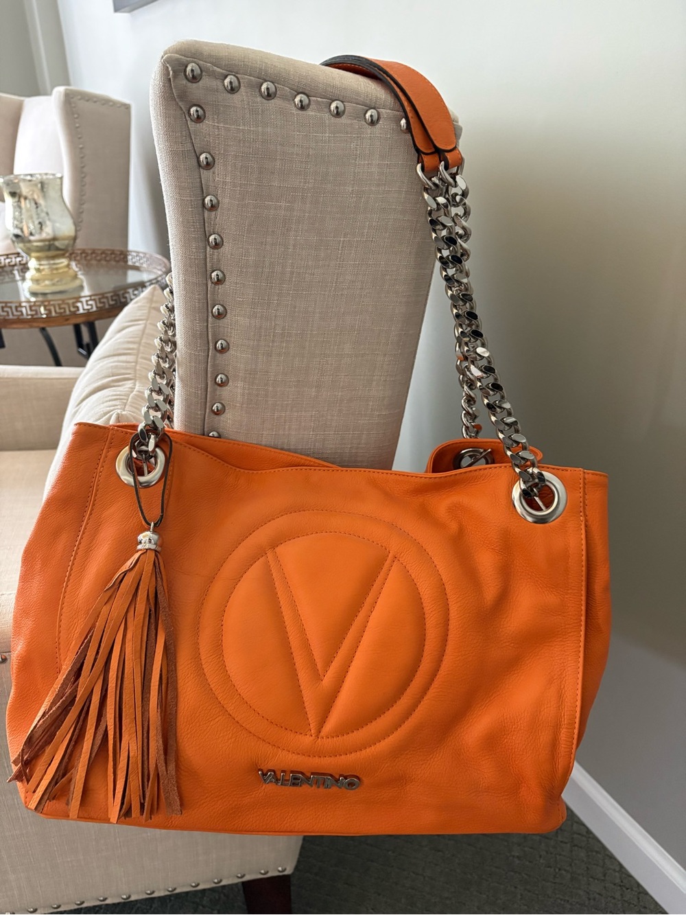 Valentino Orange Leather Shoulder Bag with Chain Straps